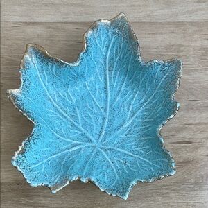 MCM California Pottery Leaf-Shaped Decorative Bowl in Turquoise with Gold Rim